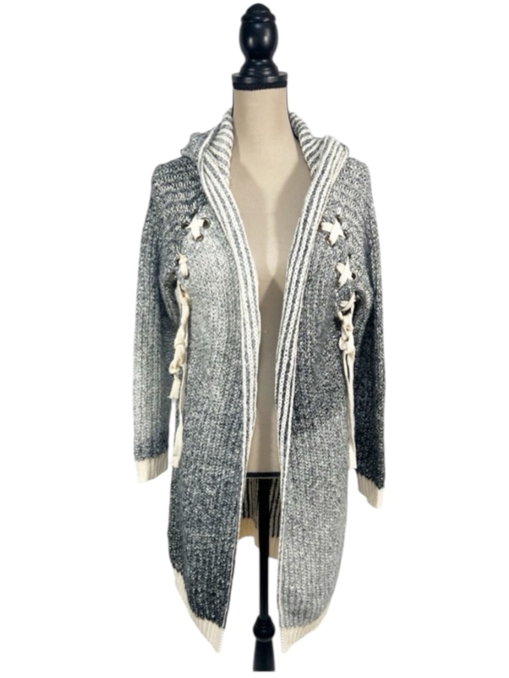 NWT Hooded Long Knit Cardigan XL Gray Ombre Lace Up Cozy Fashion Apparel